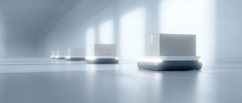 futuristic delivery robots moving packages in logistics center