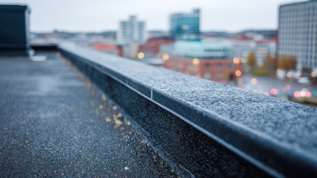 A flat roof with black rubber roofing material in an urban setting