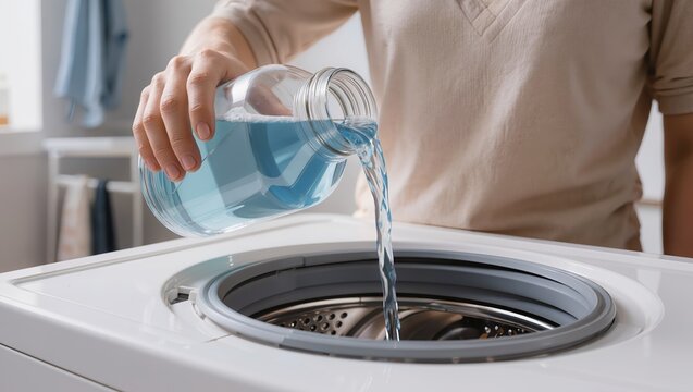 Close-up of a person pouring blue liquid detergent from a glass bottle into a top-loading washing machine. Concept of laundry routine, fabric care, and household appliance maintenance