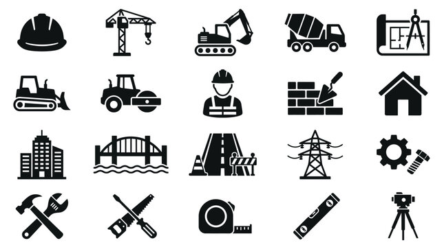 Set of construction and engineering icons, vector illustration of building tools and machinery