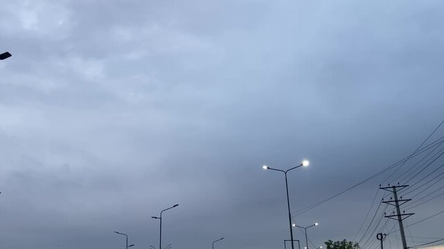 Crows Flying in Stormy Sky Over Row of Street Lights