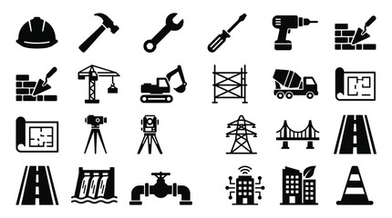 Fototapeta premium Construction and civil engineering icon set building tools, machinery, and infrastructure
