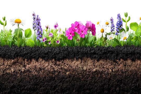 A cross-section of rich soil reveals a vibrant garden bed filled with blooming flowers and lush green grass.