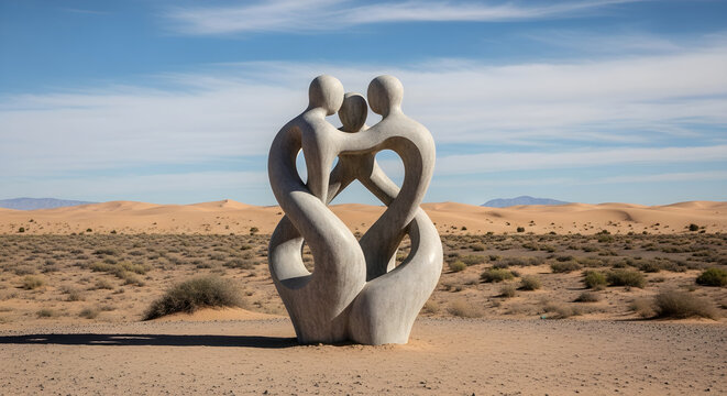 A large sculpture of intertwined human figures stands in the desert landscape.