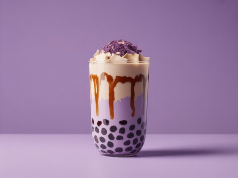 A glass of iced purple taro bubble tea topped with whipped cream and purple shavings, featuring dark tapioca pearls and caramel drizzle, purple background