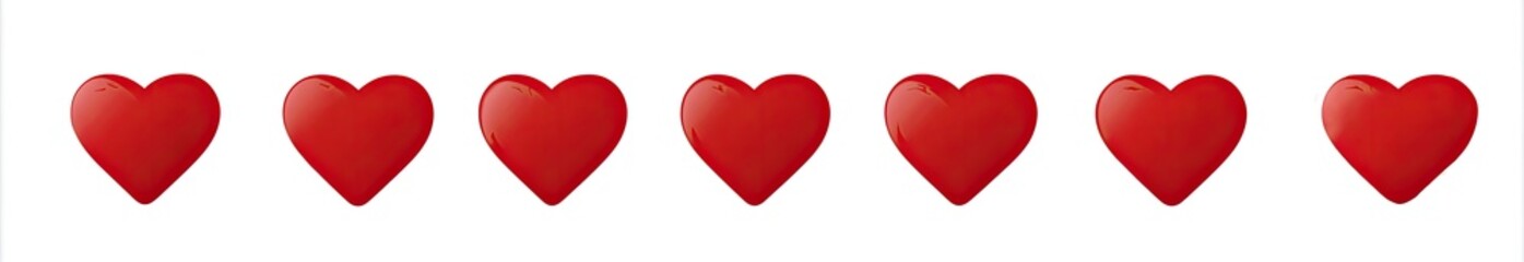 Fototapeta premium Seven glossy, bright red hearts arranged in a horizontal line on a white background
