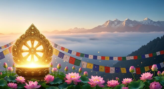 Golden Dharma Wheel Glowing at Sunrise with Lotus Flowers and Prayer Flags for Chokhor Duchen Festival Celebration of Buddha's First Teaching