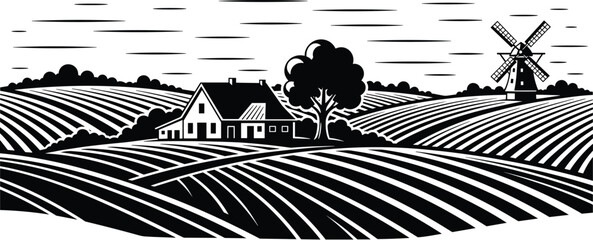 Black and white stylized farmland illustration with curved crop rows, farmhouse, windmill, tree and rural countryside horizon landscape scene © tajwar