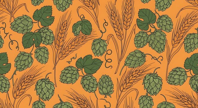 Seamless pattern of hops and barley hand-drawn illustration for craft beer packaging and brewing industry vintage botanical background