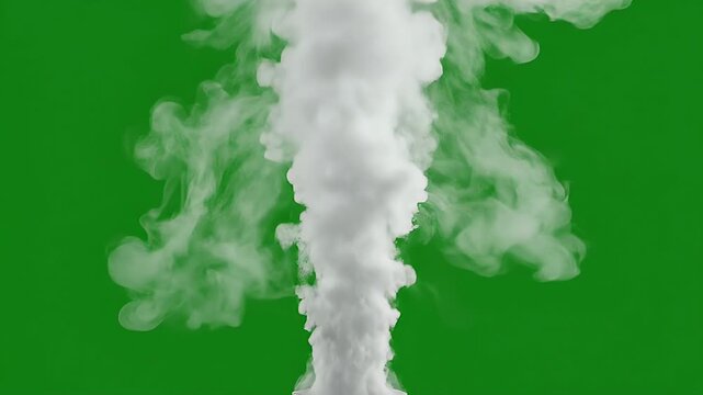 A plume of white smoke rises against a vibrant green screen background.