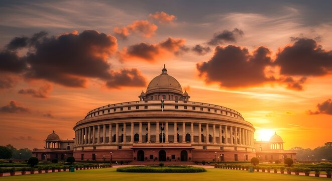 Wide Angle View of Indian Parliament House During Golden Hour with Dramatic Sky and Clouds
