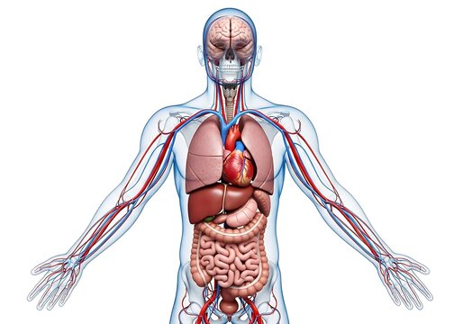 human body anatomy with transparent skin and visible organs and circulatory system