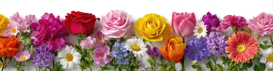 Obraz premium Vibrant mixed bouquet of diverse colorful blossoms arranged artfully on white