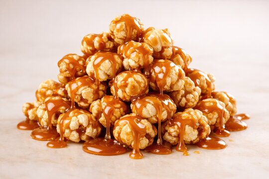 A large mound of crunchy popcorn coated in thick, glossy golden caramel sauce, with drips pooling on a light textured surface, close-up food