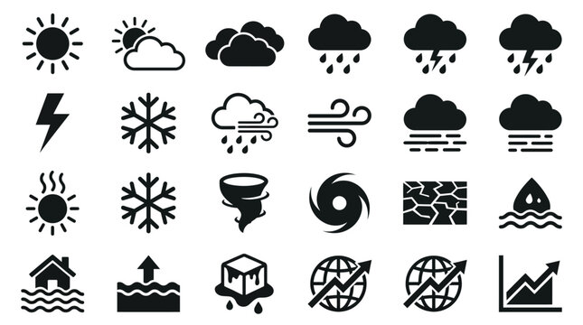 Set of weather icons, climate change and global warming symbols, vector illustration