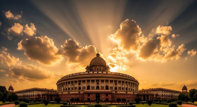 Wide Angle View of Indian Parliament House During Golden Hour with Dramatic Sky and Clouds
