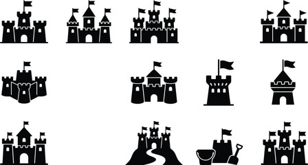 Assortment of black silhouette icons representing castles and sandcastles on a white background fortress © Kosain