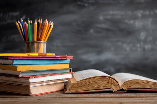 Stacked books and pencils before a chalked blackboard, symbolizing education