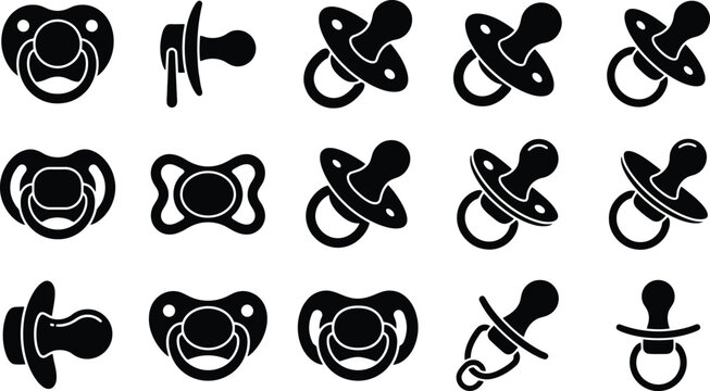 Assortment of black silhouette icons representing pacifiers in various designs and orientations Keywords: pacifier, soother, dummy, baby, infant, child, newborn, feeding, comfort, oral, hygiene