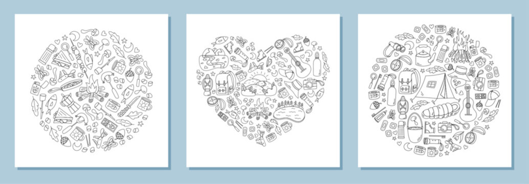 Camping adventure collection with tent, campfire and backpack in round silhouette doodle style. Nature and hiking poster with equipment for camping trip in black line art, perfect for outdoor themed