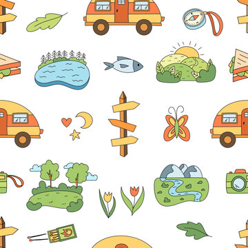 Camping seamless pattern with hand drawn camp, tent, tree, river and mountain in doodle color style. Lake, car and compass detail create playful camp adventure for outdoor backgrounds textile.