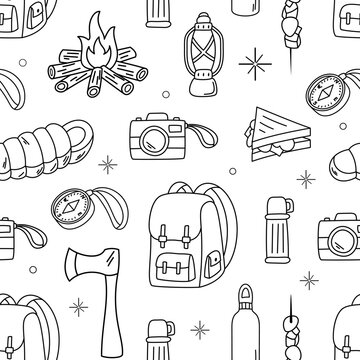 Seamless camp doodle line pattern with equipment and adventure motif. Campfire, lantern, backpack and compass add picnic camp spirit. Black white outdoor background design.
