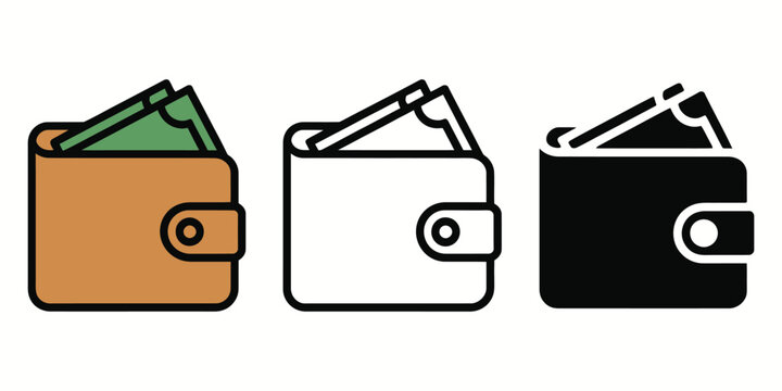 Wallet Icons Set, Flat Line and Solid Black Styles, Money Vector Illustration Collection with Simple Finance Symbols for UI Design, Mobile Apps, Web Interfaces, and Banking Graphics.