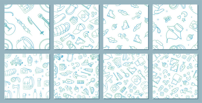 Seamless camp doodle pattern pack in line style. Tent, backpack, and campfire with equipment create an adventure and hiking theme. Map color details add playful outdoor character for summer or family