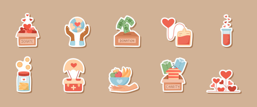 Cartoon charity concept with heart icons sticker. Set of donate symbols as sticker collection for money, blood and food support. Cute charity label pack for philanthropy project, give and help poster