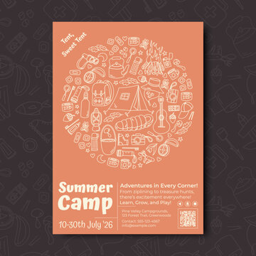 Vertical camp poster with orange contour doodle and line style. Summer adventure with tent, campfire, travel, and backpack for camp event or adventure trip promotion.