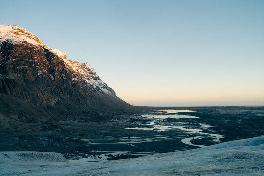 Vatnajokull glacier valley at sunrise in Iceland