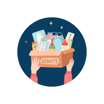 Medicine donation help box as flat hand icon sticker. Healthcare aid gift as round sticker style with colorful cover. Concept for charity support and donate box, hospital care and community