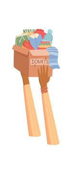 Needy charity clothes donation box scene. Gift cloth and used clothes rise in a box as a person hand lift and share help. Human hand of people show care support on flat white background as kind