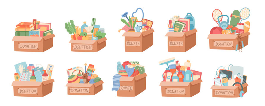 Set of support help box collection. Donation box with food, cloth and book. Gift crate with toy and goods as charity aid, useful for community help or support background in soft flat style.