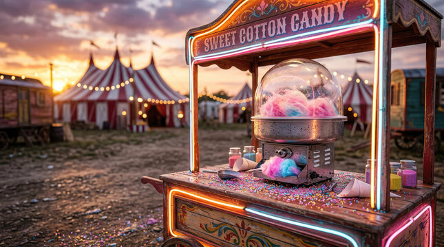 Cotton candy machine stand at a fairground with circus tents at sunset