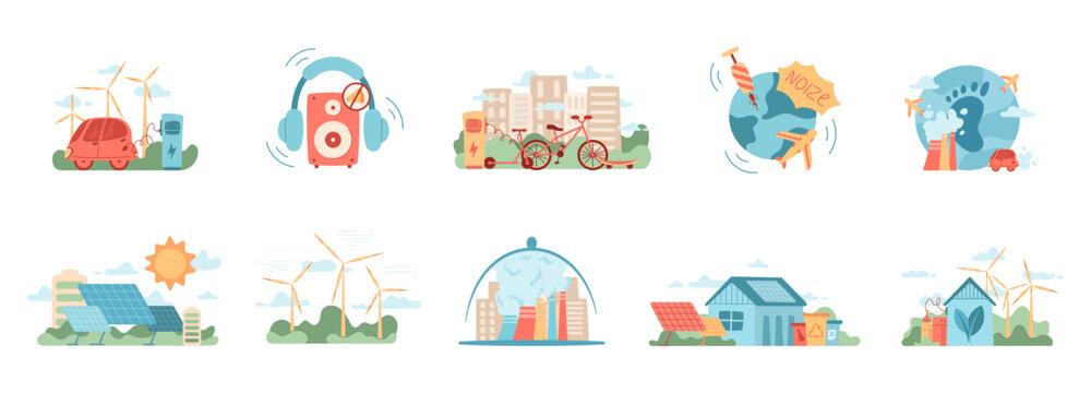 Collection of eco energy icon scenes in soft flat style. Renewable power scene shows turbine, solar panel and bicycle as symbols of sustainable lifestyle and clean transport. Green environment concept