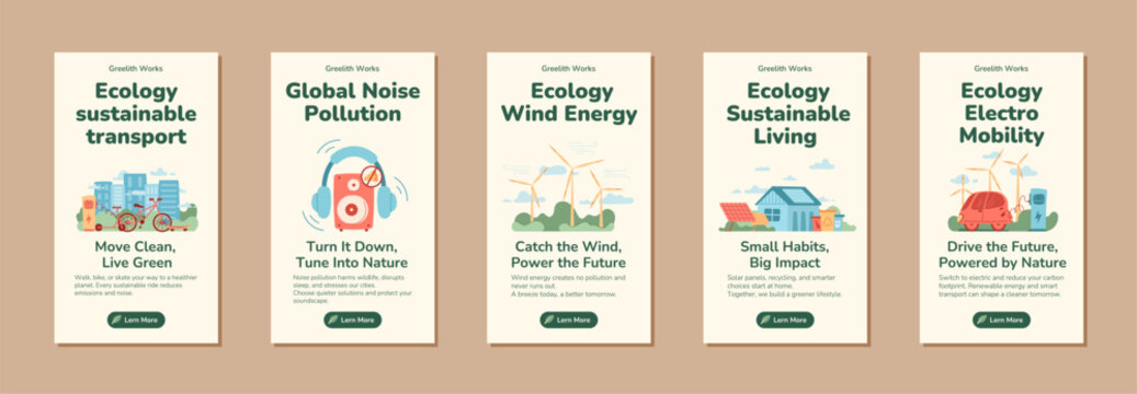 Vertical eco poster set with green energy city scene and calm flat style. Sustainable lifestyle template shows bicycle transport, solar home and wind power as friendly environment concept. Useful for