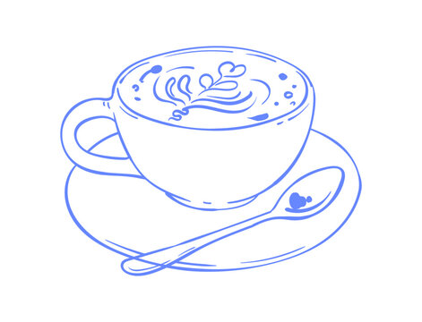 Cute blue hand drawn coffee cup icon. Whimsical hot latte mug as playful cappuccino drink at cozy cafe breakfast table. Simple doodle cup with saucer suits menu, restaurant card or bakery morning