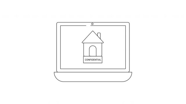 Laptop displaying a simple line drawing of a house with an arched doorway.