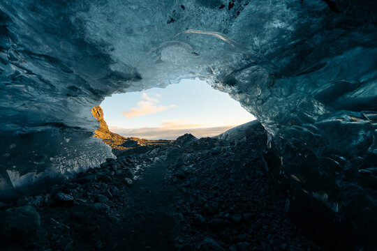 Ice cave view on Vatnajokull glacier during trekking