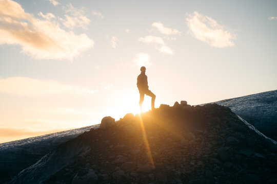 Glacier trekking on Vatnajokull in Iceland at sunset