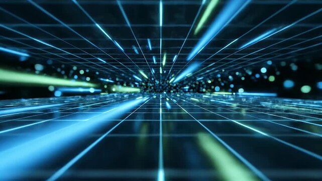 A vibrant digital tunnel stretches into the darkness, illuminated by streaks of light and a grid pattern.