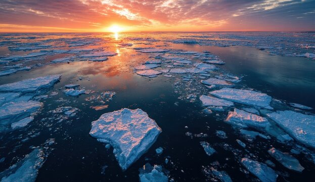 Arctic sea at sunset with ice floes and vibrant sky over animated movie ocean