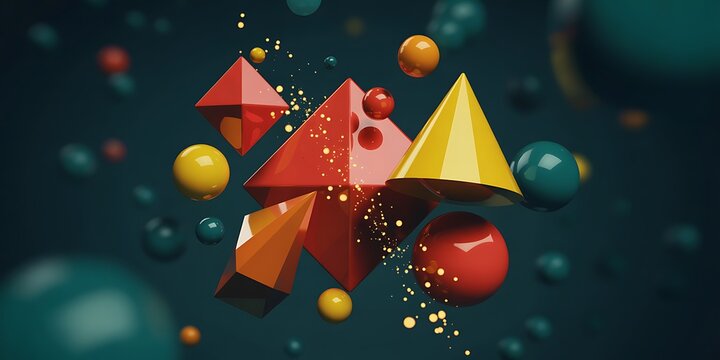 3D rendered abstract composition of colorful geometric shapes including pyramids, spheres, and polyhedrons floating in a dark space.