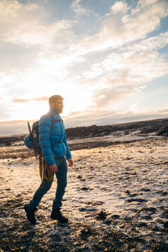 Glacier trekking on Vatnajokull, Iceland at golden hour