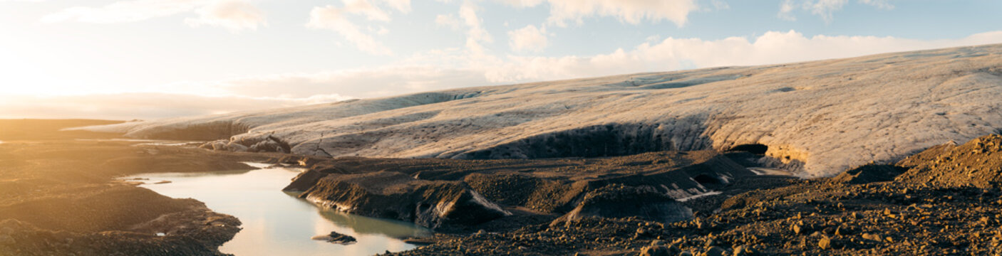 Vatnajokull glacier landscape with river at sunset, Iceland