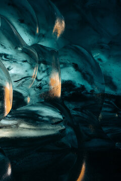 Blue ice cave details on Vatnajokull glacier in Iceland