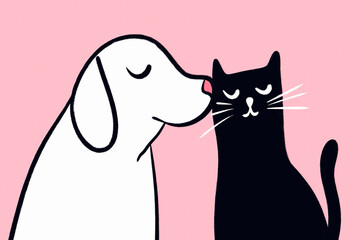 Cute dog kissing cat in minimal pet friendship illustration