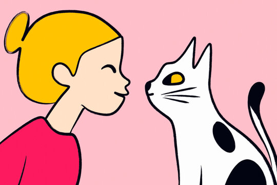 Girl and cat nose to nose in cute friendship illustration