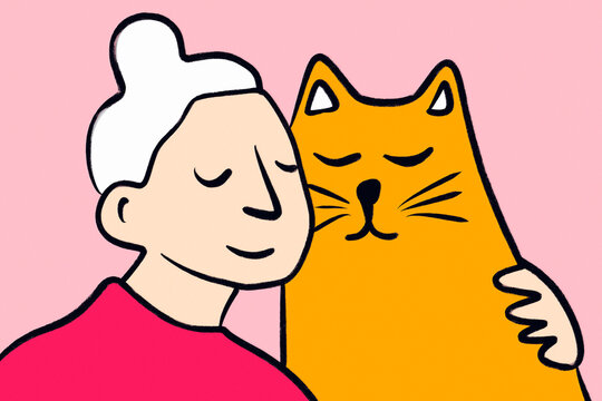 Cozy pet friendship illustration of person hugging cat